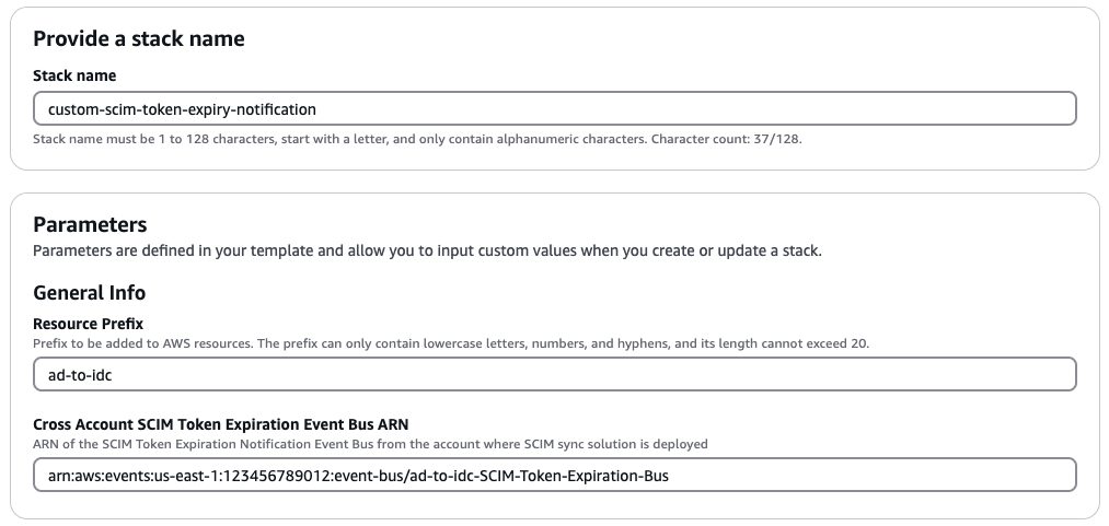 Provides parameter values for the CloudFormation template